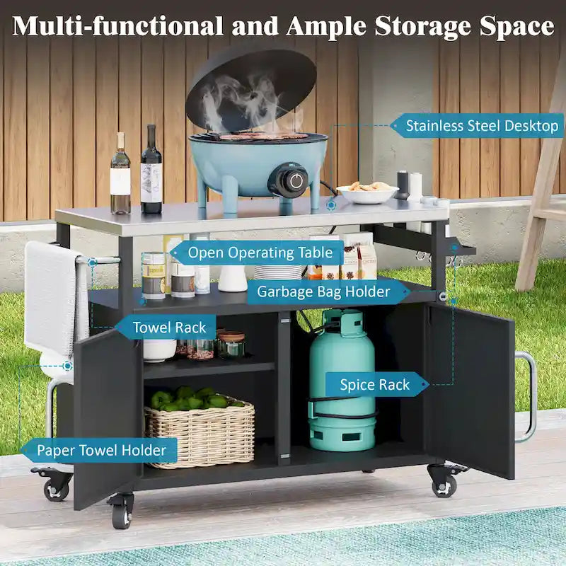 Outdoor Kitchen Island with Stainless Steel Tabletop & Storage Cabinet