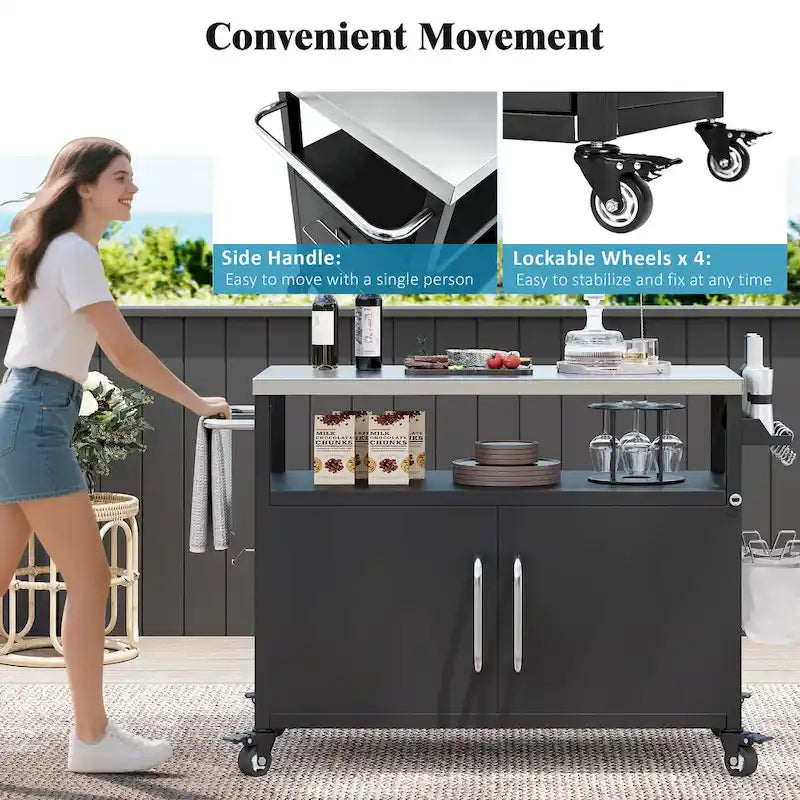Outdoor Kitchen Island with Stainless Steel Tabletop & Storage Cabinet