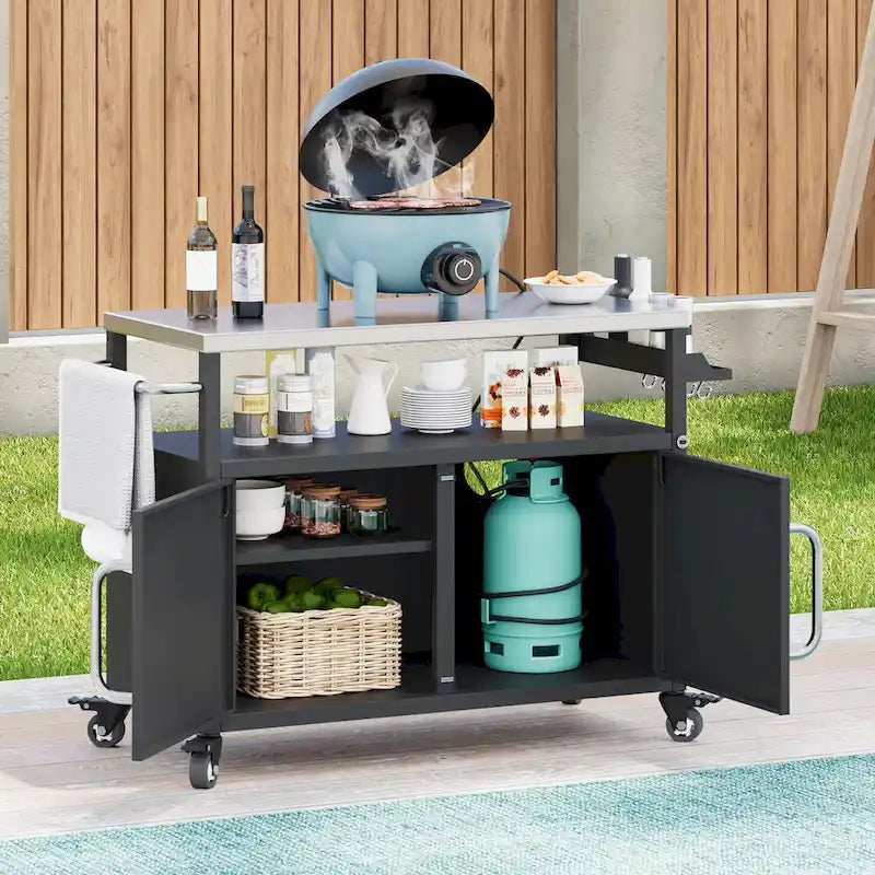 Outdoor Kitchen Island with Stainless Steel Tabletop & Storage Cabinet