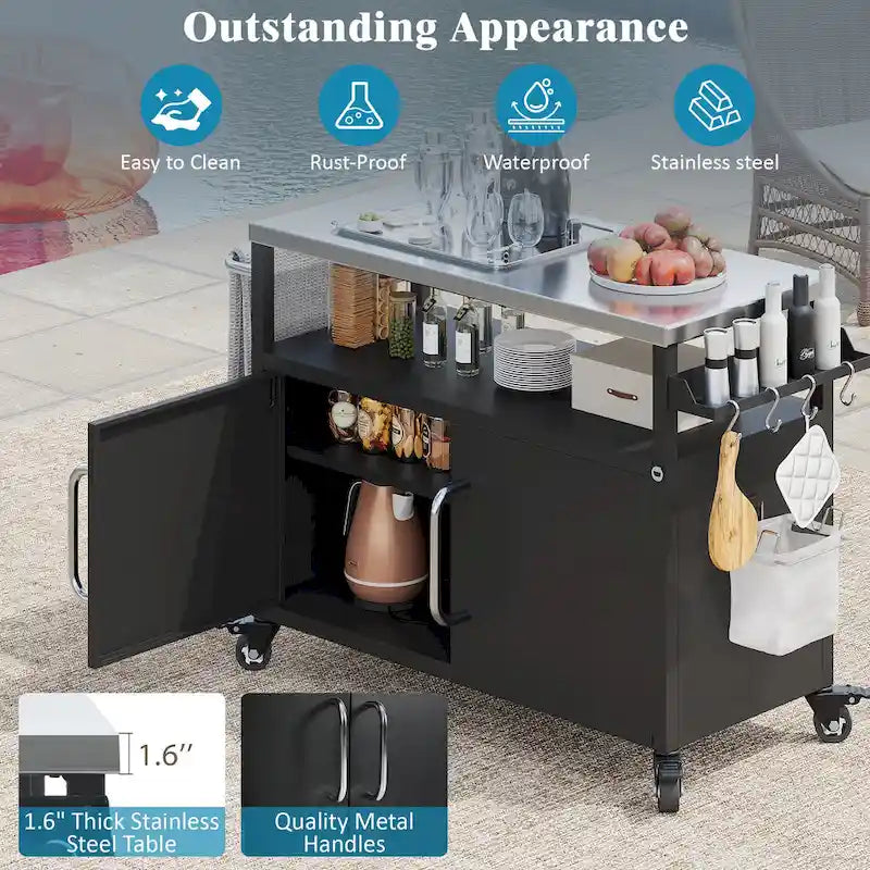 Outdoor Kitchen Island with Stainless Steel Tabletop & Storage Cabinet