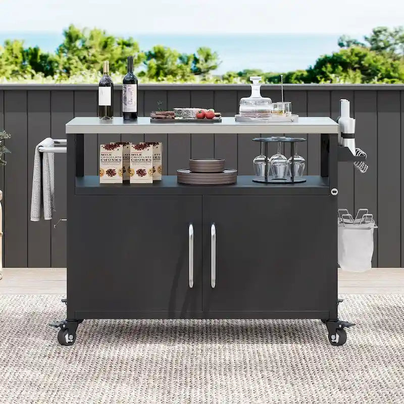 Outdoor Kitchen Island with Stainless Steel Tabletop & Storage Cabinet