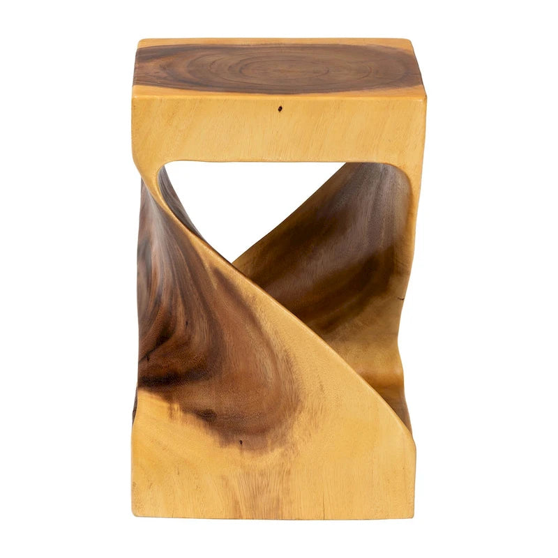 Hand-Carved Suar Wood Side Table with Sculptural Twist Design