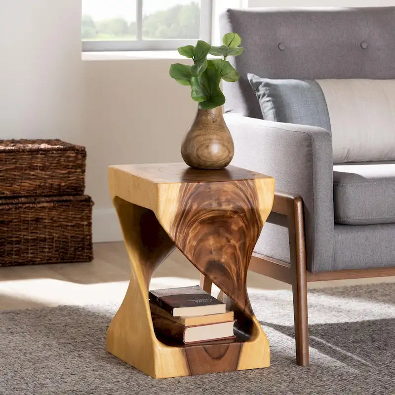 Hand-Carved Suar Wood Side Table with Sculptural Twist Design
