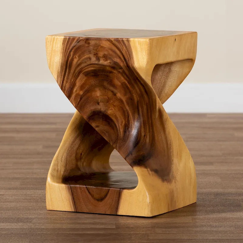 Hand-Carved Suar Wood Side Table with Sculptural Twist Design