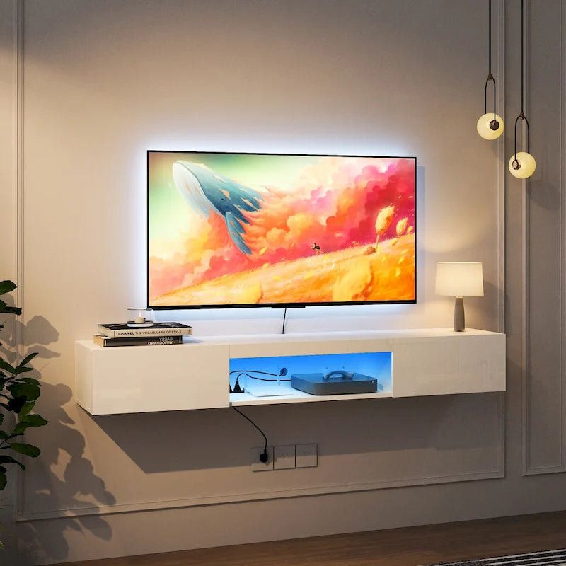 White 63 Floating TV Stand with Storage, LED Lights & Power Outlet for TVs Up to 60