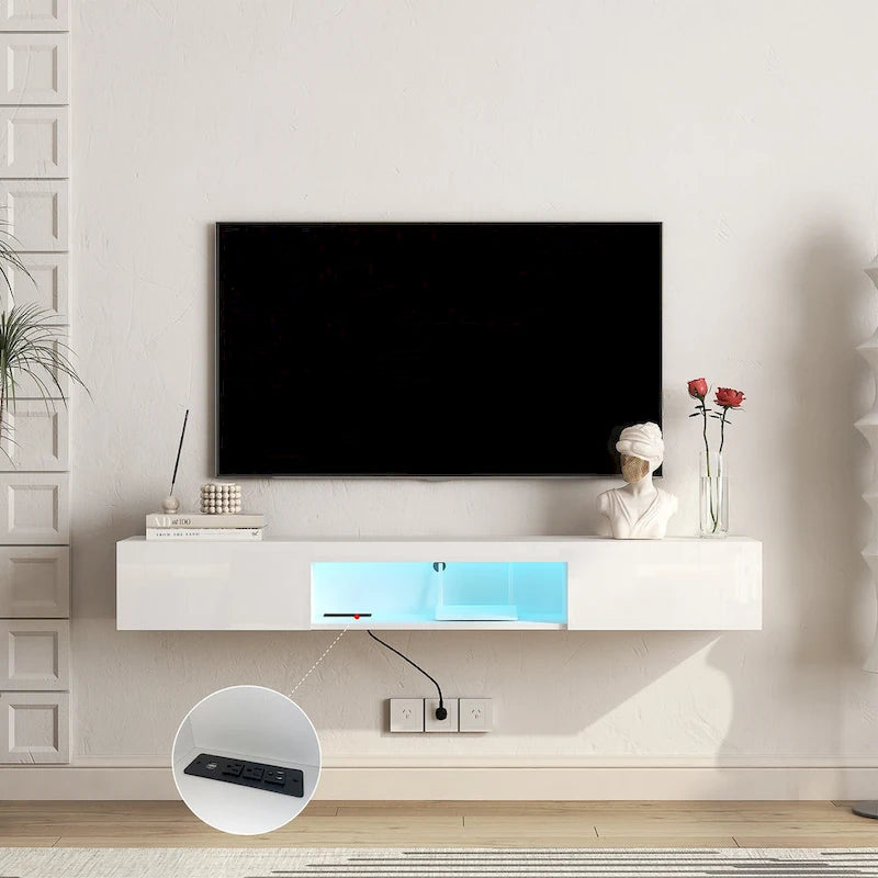 White 63 Floating TV Stand with Storage, LED Lights & Power Outlet for TVs Up to 60