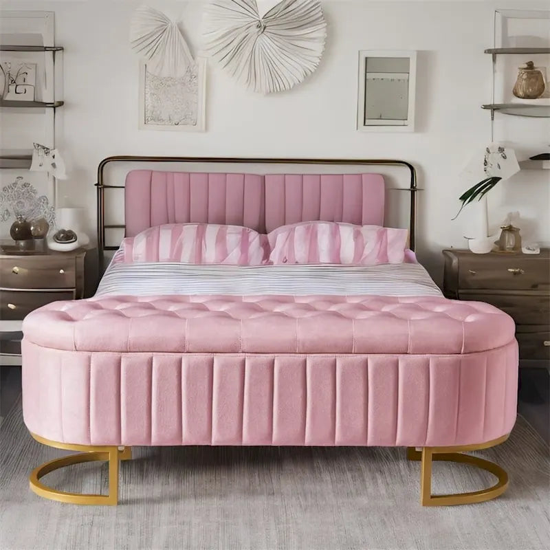 Upholstered Velvet Storage Ottoman with Button-Tufted