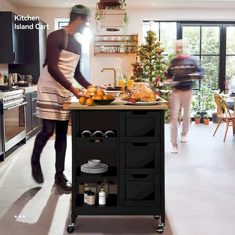 Rolling Kitchen Bar Trolley Serving Cart on Wheels with Wood Top