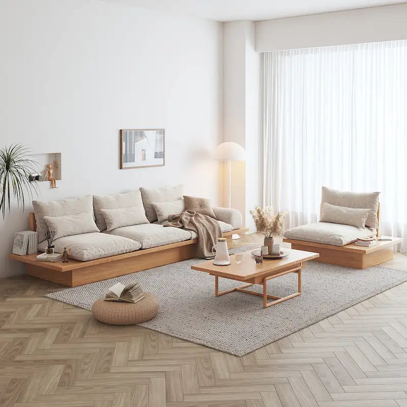 Cotton Linen Beige Sofa with Wood Frame