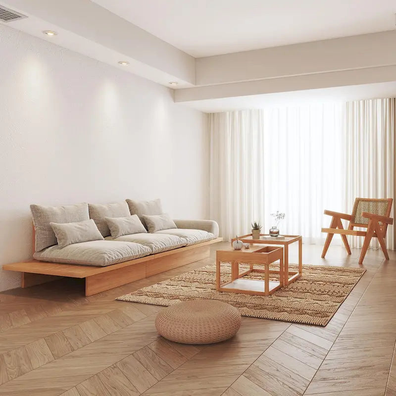 Cotton Linen Beige Sofa with Wood Frame