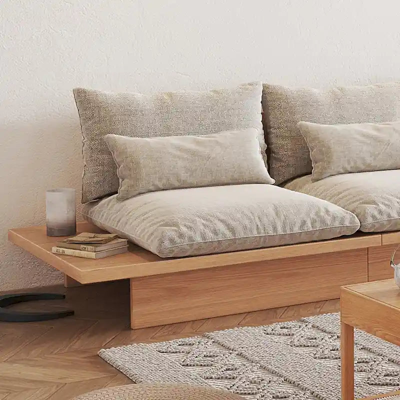 Cotton Linen Beige Sofa with Wood Frame