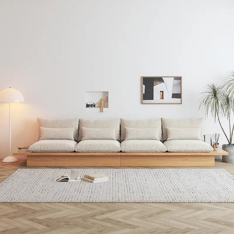 Cotton Linen Beige Sofa with Wood Frame