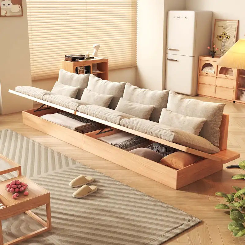 Cotton Linen Beige Sofa with Wood Frame