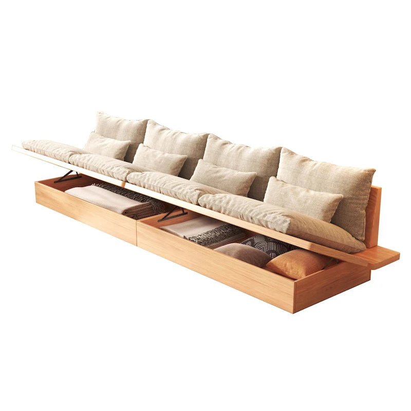 Cotton Linen Beige Sofa with Wood Frame