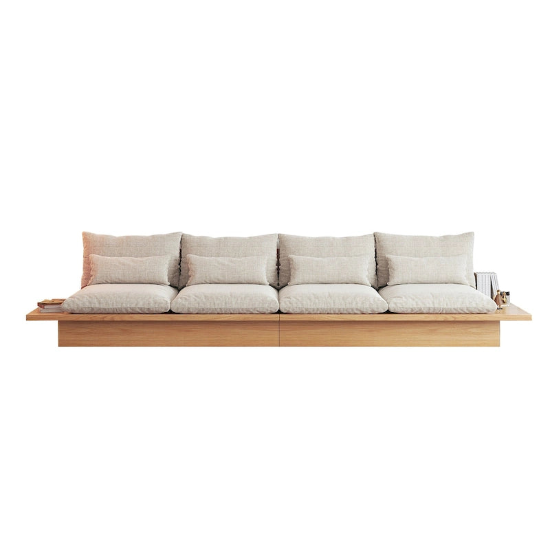 Cotton Linen Beige Sofa with Wood Frame