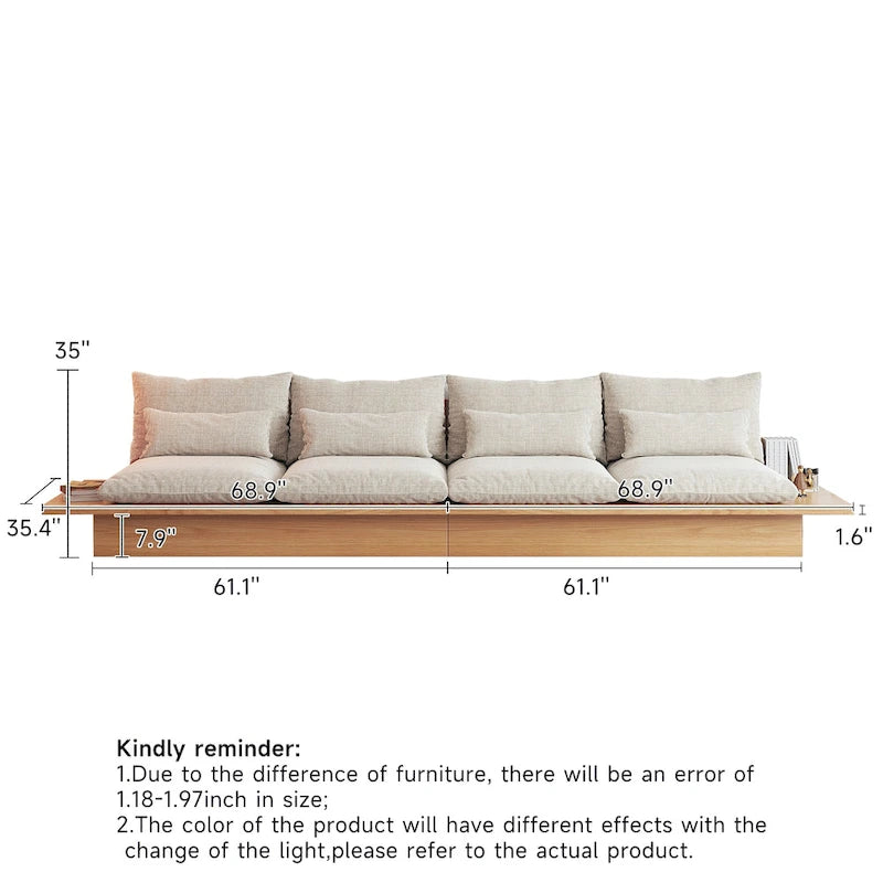 Cotton Linen Beige Sofa with Wood Frame