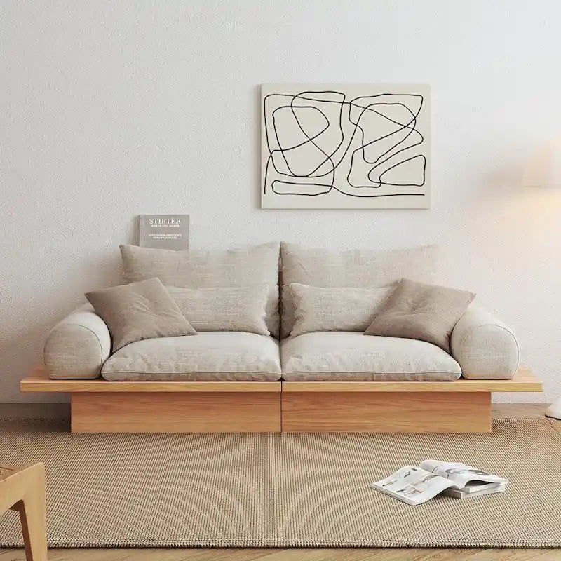 Cotton Linen Beige Sofa with Wood Frame