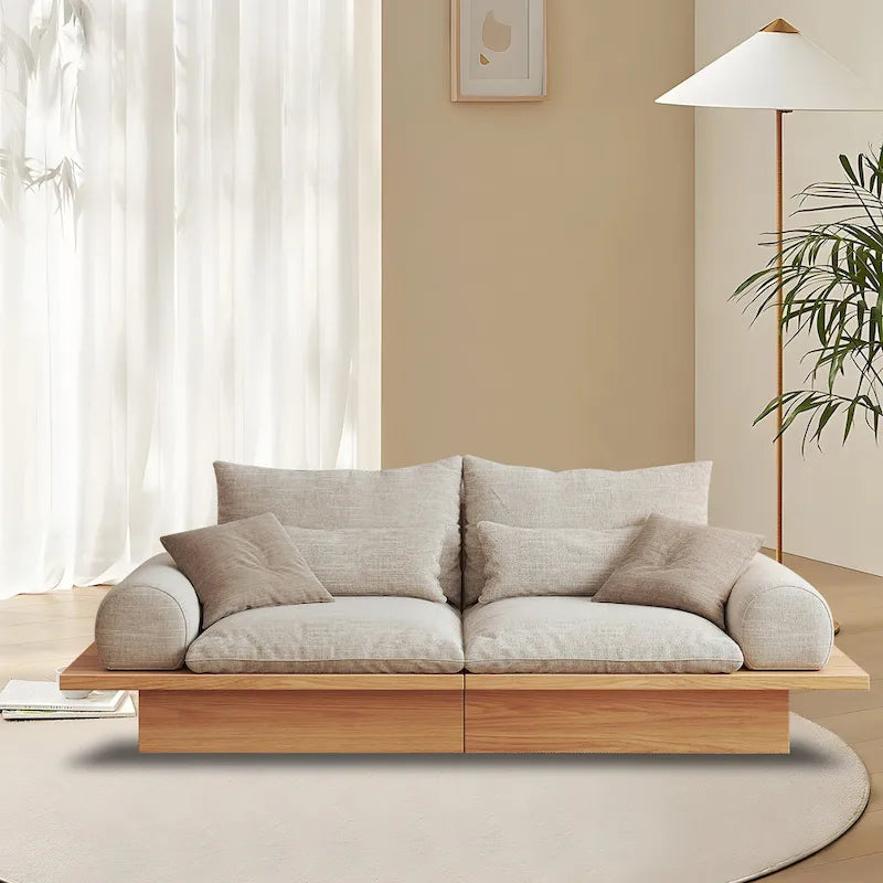 Cotton Linen Beige Sofa with Wood Frame
