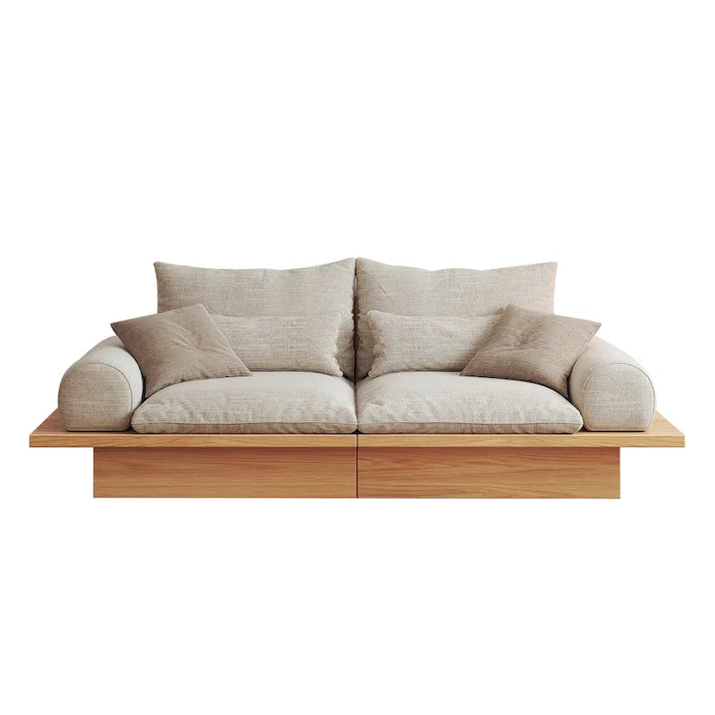 Cotton Linen Beige Sofa with Wood Frame