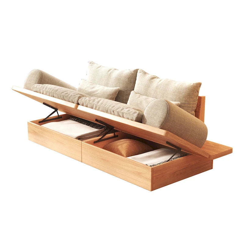 Cotton Linen Beige Sofa with Wood Frame