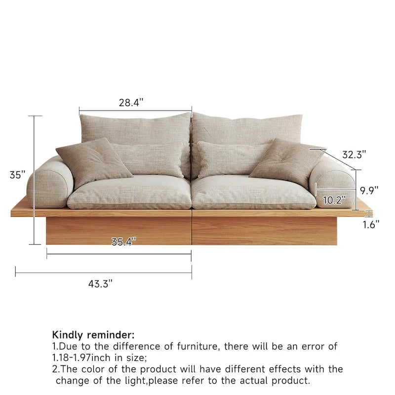 Cotton Linen Beige Sofa with Wood Frame