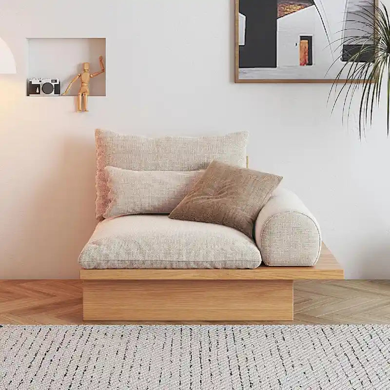 Cotton Linen Beige Sofa with Wood Frame