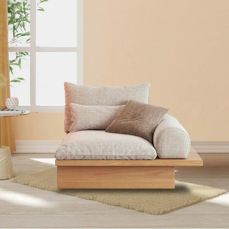 Cotton Linen Beige Sofa with Wood Frame