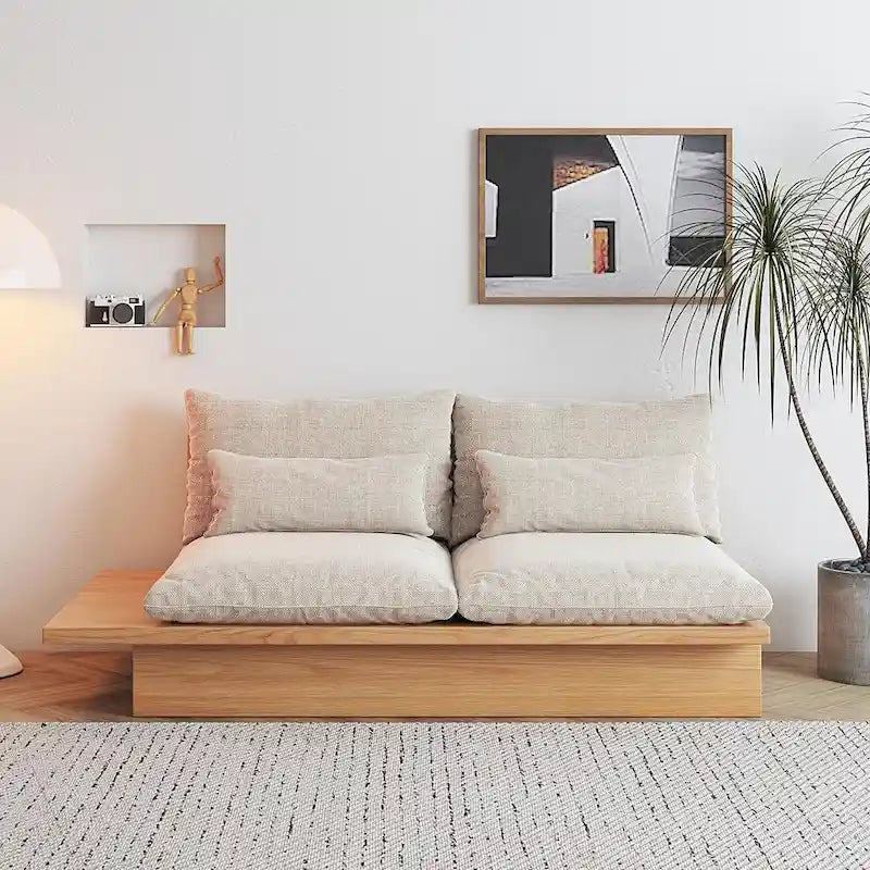 Cotton Linen Beige Sofa with Wood Frame