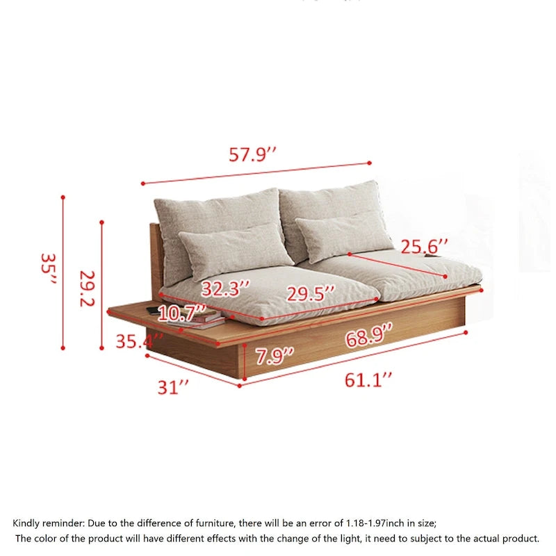 Cotton Linen Beige Sofa with Wood Frame