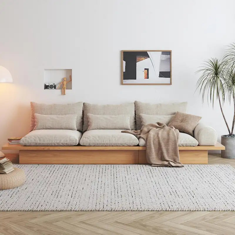 Cotton Linen Beige Sofa with Wood Frame