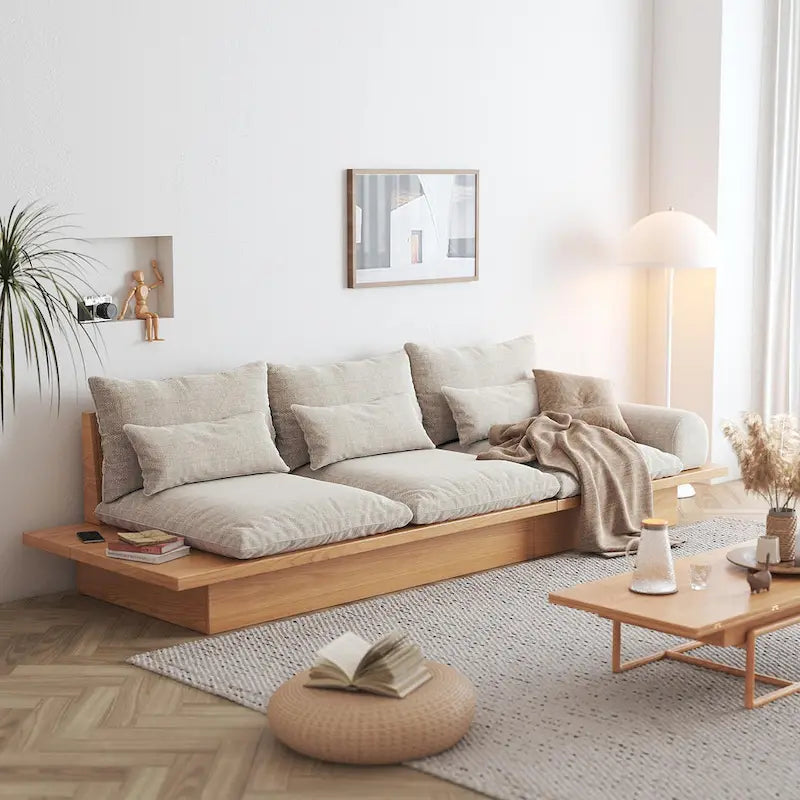 Cotton Linen Beige Sofa with Wood Frame