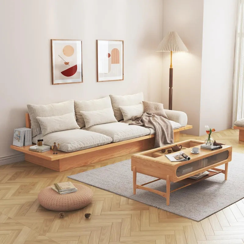 Cotton Linen Beige Sofa with Wood Frame