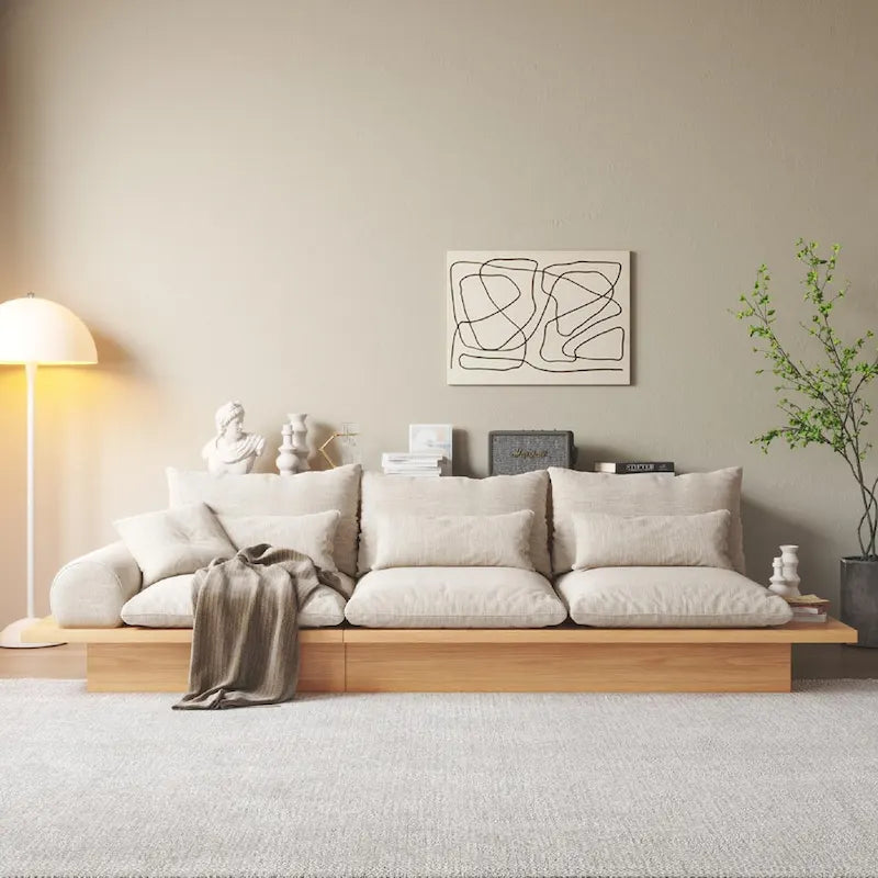 Cotton Linen Beige Sofa with Wood Frame