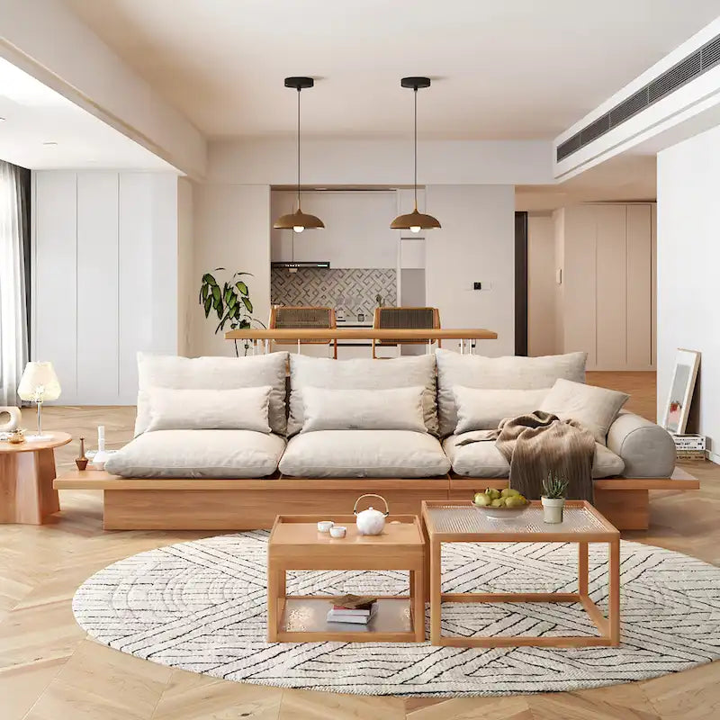 Cotton Linen Beige Sofa with Wood Frame