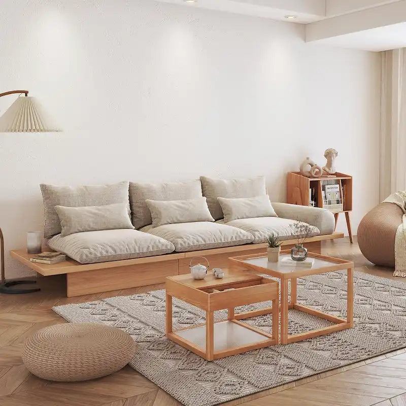 Cotton Linen Beige Sofa with Wood Frame