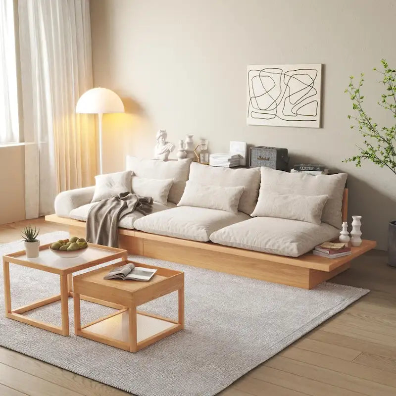 Cotton Linen Beige Sofa with Wood Frame