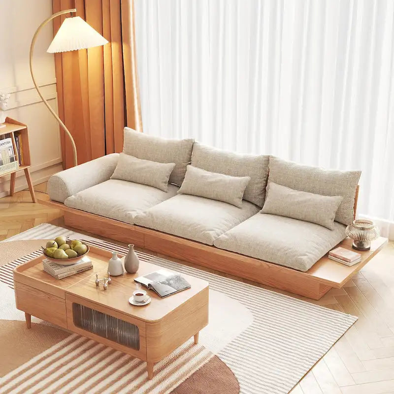 Cotton Linen Beige Sofa with Wood Frame