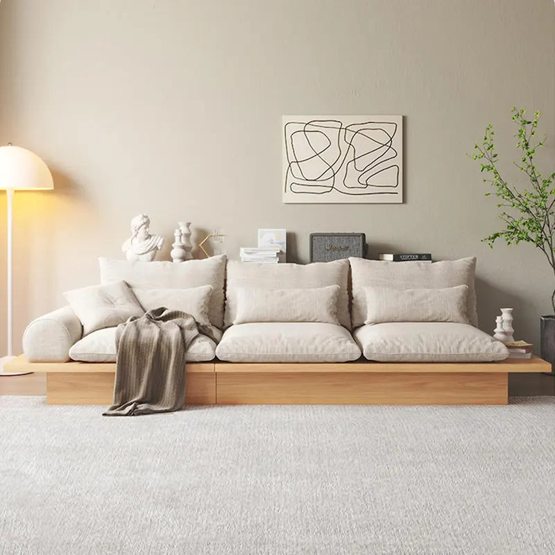 Cotton Linen Beige Sofa with Wood Frame