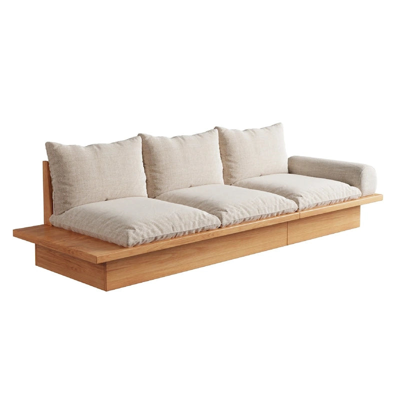 Cotton Linen Beige Sofa with Wood Frame