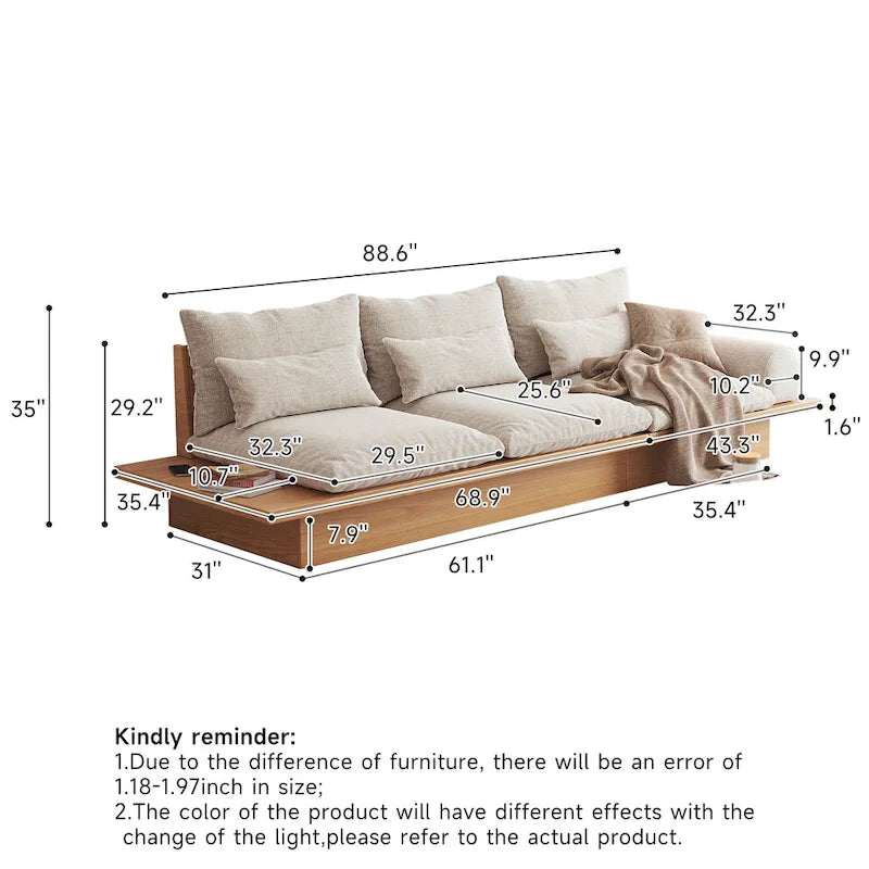 Cotton Linen Beige Sofa with Wood Frame