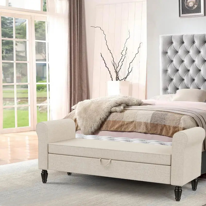 Storage Bench Ottoman with Upholstered Arms - Bench in Front of Bed