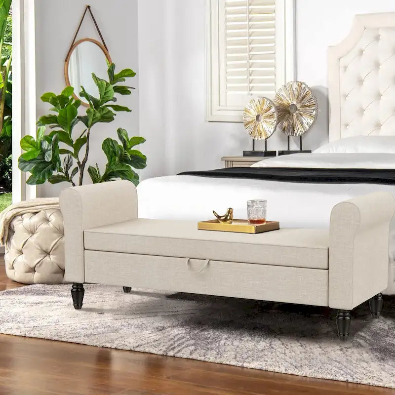 Storage Bench Ottoman with Upholstered Arms - Bench in Front of Bed
