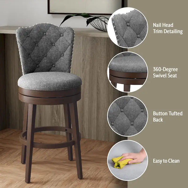 Wood Swivel Stool with Arch Back & Nailhead Trim
