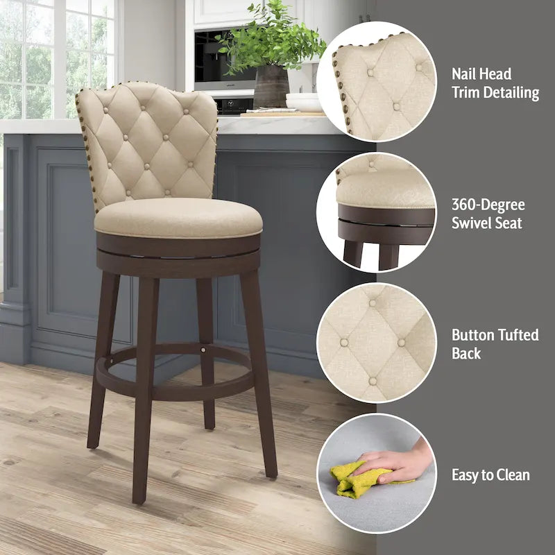Wood Swivel Stool with Arch Back & Nailhead Trim
