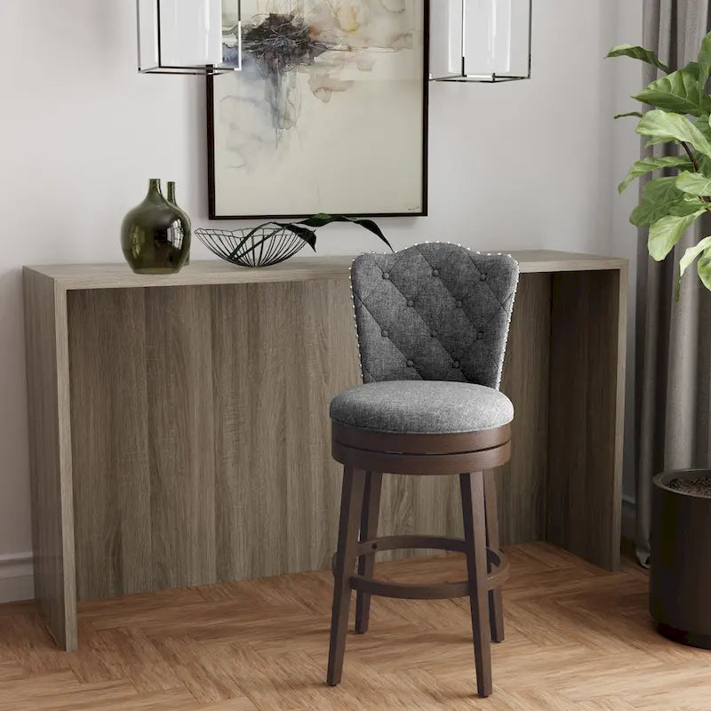 Wood Swivel Stool with Arch Back & Nailhead Trim