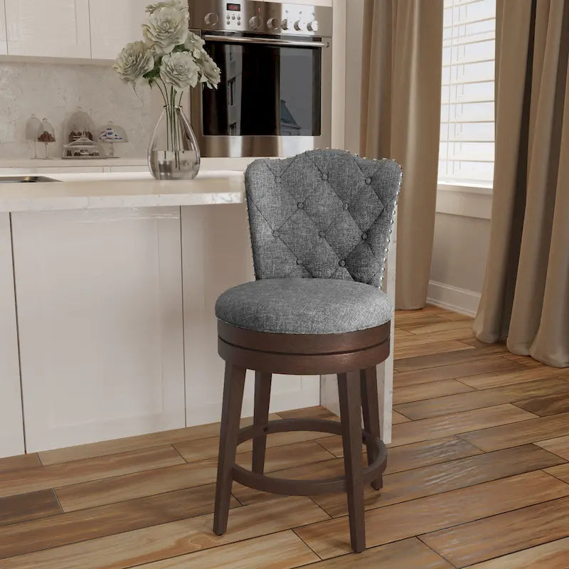 Wood Swivel Stool with Arch Back & Nailhead Trim