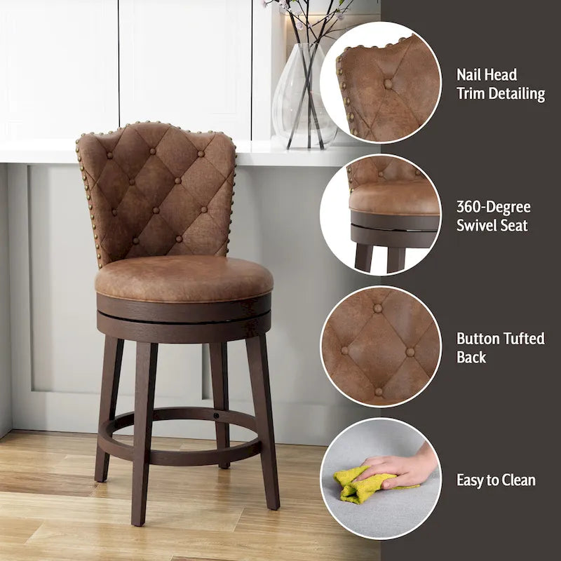 Wood Swivel Stool with Arch Back & Nailhead Trim