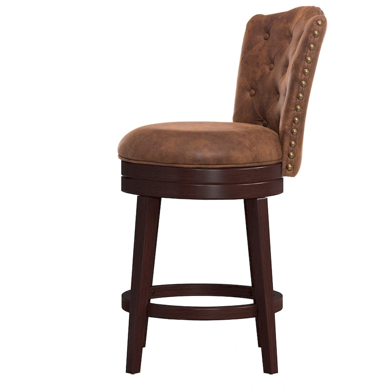 Wood Swivel Stool with Arch Back & Nailhead Trim