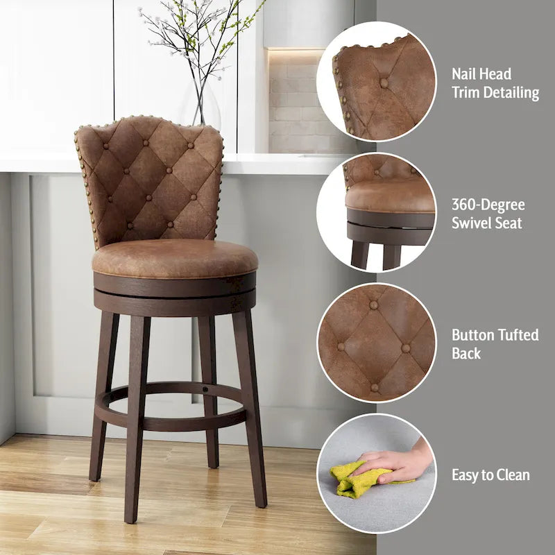 Wood Swivel Stool with Arch Back & Nailhead Trim