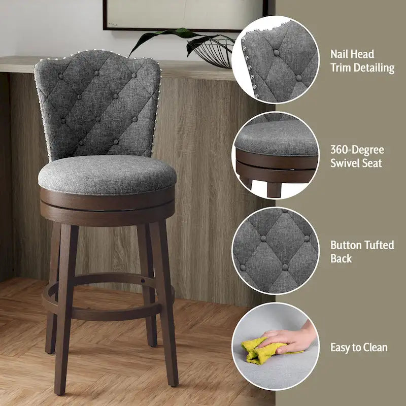 Wood Swivel Stool with Arch Back & Nailhead Trim